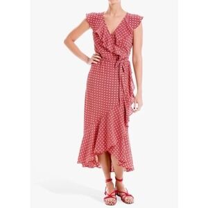 Max Studio Midi Dress Womens XS Red Ruffle Wrap Abstract Geometric Boho Feminine